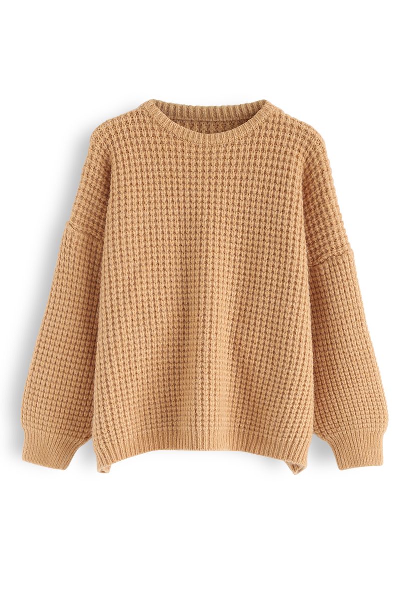 Puff Sleeves Oversize Waffle Knit Sweater in Camel - Retro, Indie and ...