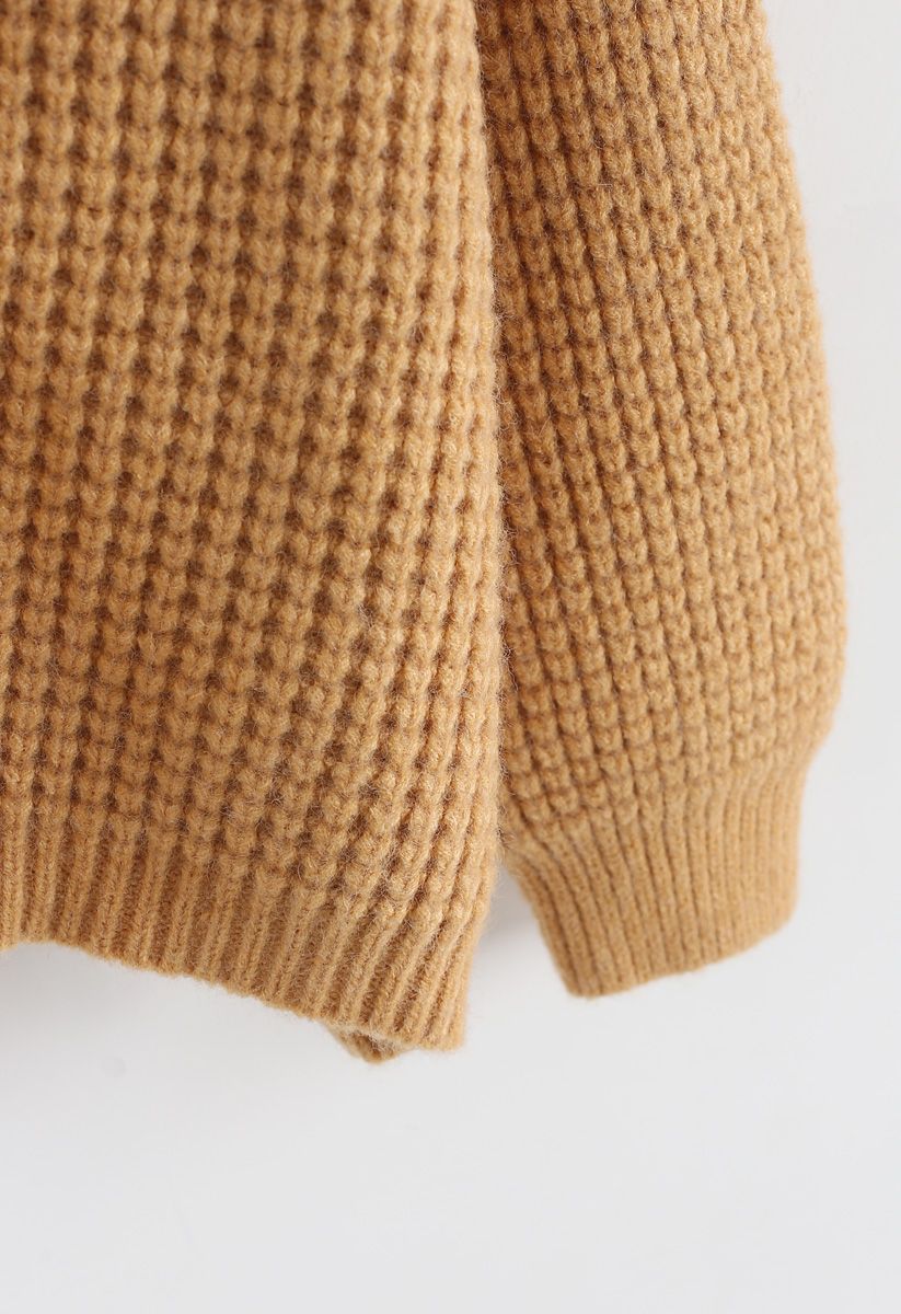 Puff Sleeves Oversize Waffle Knit Sweater in Camel - Retro, Indie and ...