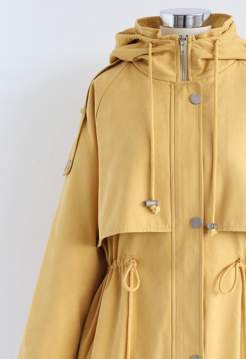 Drawstring Waist Hooded Trench Coat in Mustard