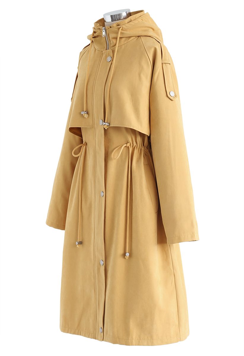 Drawstring Waist Hooded Trench Coat in Mustard