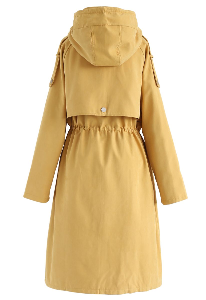 Drawstring Waist Hooded Trench Coat in Mustard