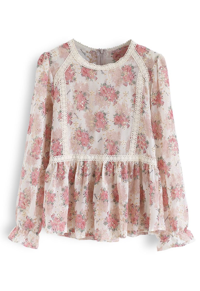 Bouquet Printed Eyelet Embroidered Peplum Top in Pink