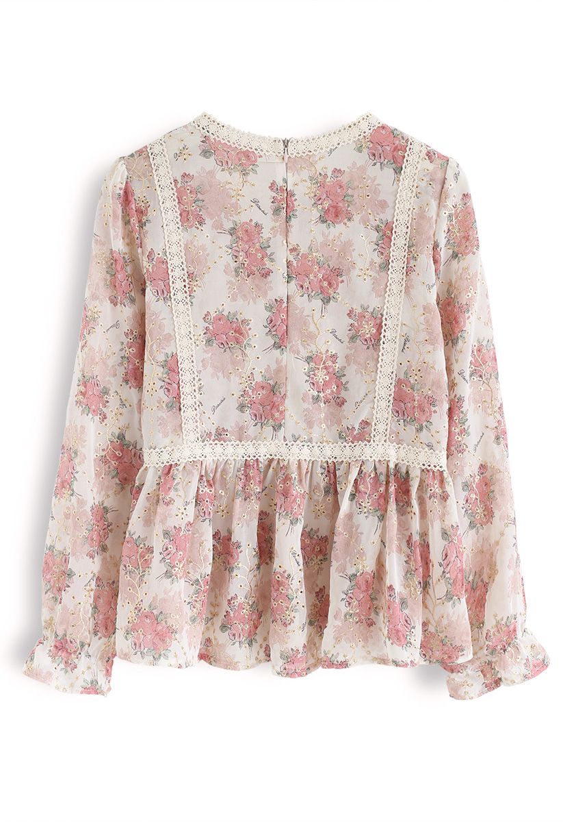 Bouquet Printed Eyelet Embroidered Peplum Top in Pink - Retro, Indie ...
