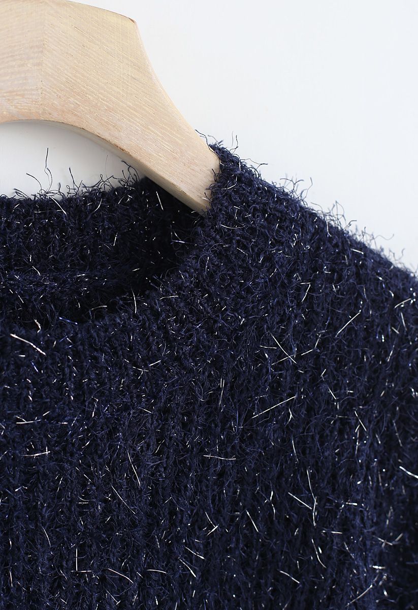 Shiny and Fluffy Short Sleeves Knit Sweater in Navy