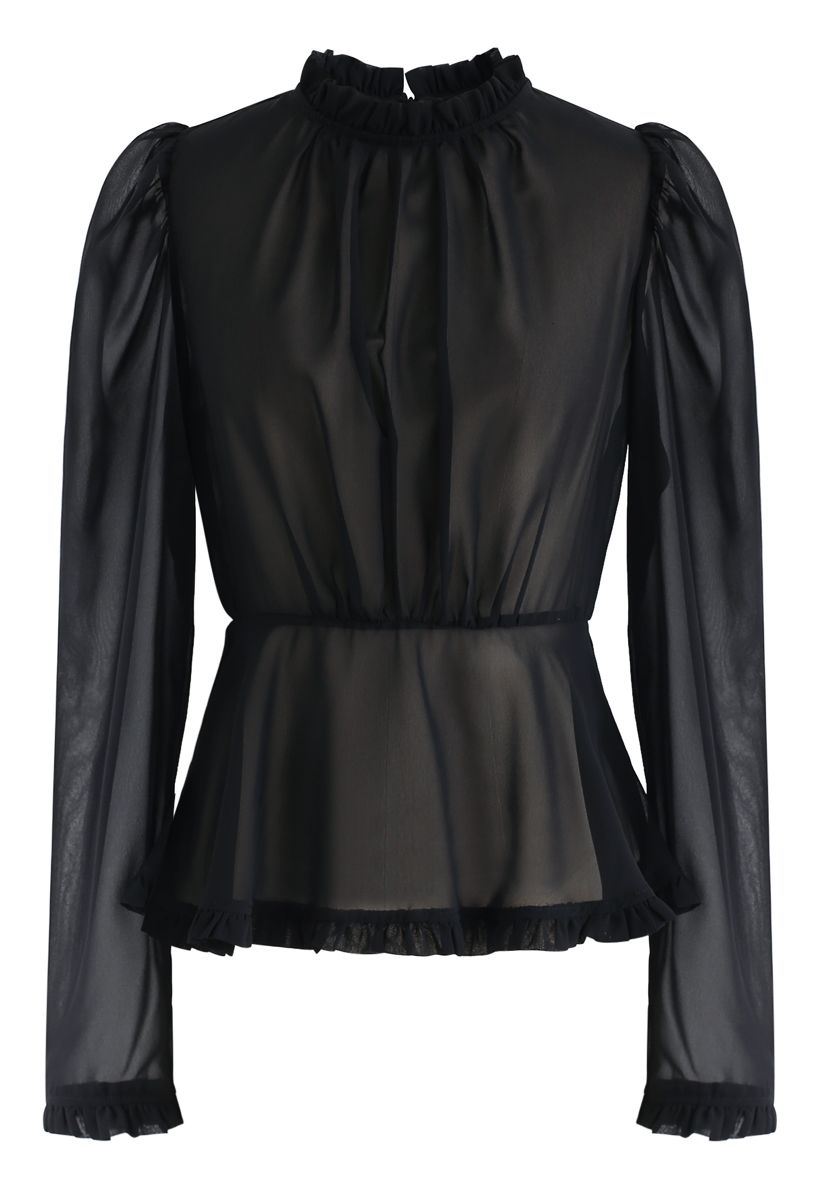 Pleated Trim Long Sleeves Chiffon Top in Black