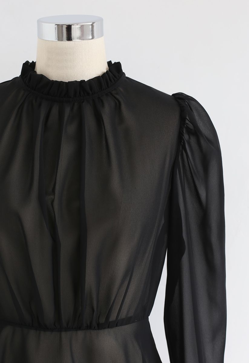 Pleated Trim Long Sleeves Chiffon Top in Black - Retro, Indie and ...