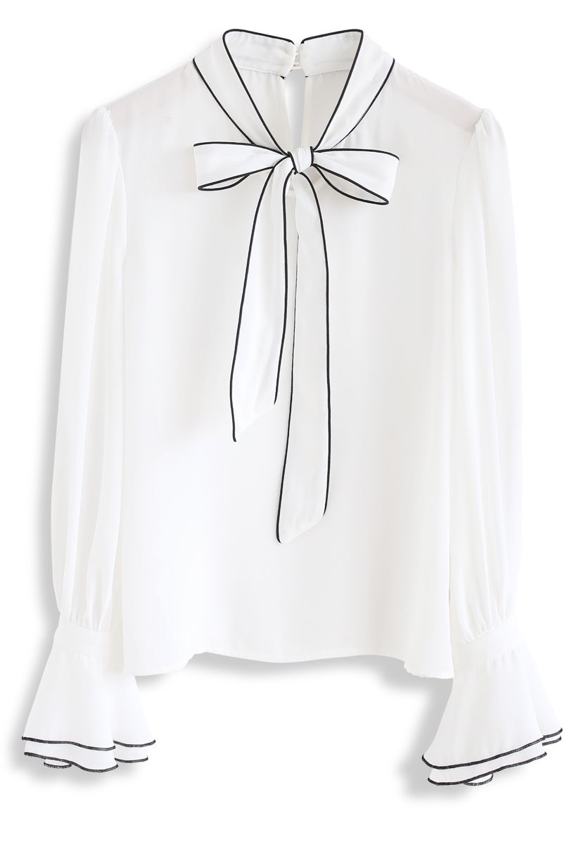 Bowknot Bell Sleeves Chiffon Top in White - Retro, Indie and Unique Fashion
