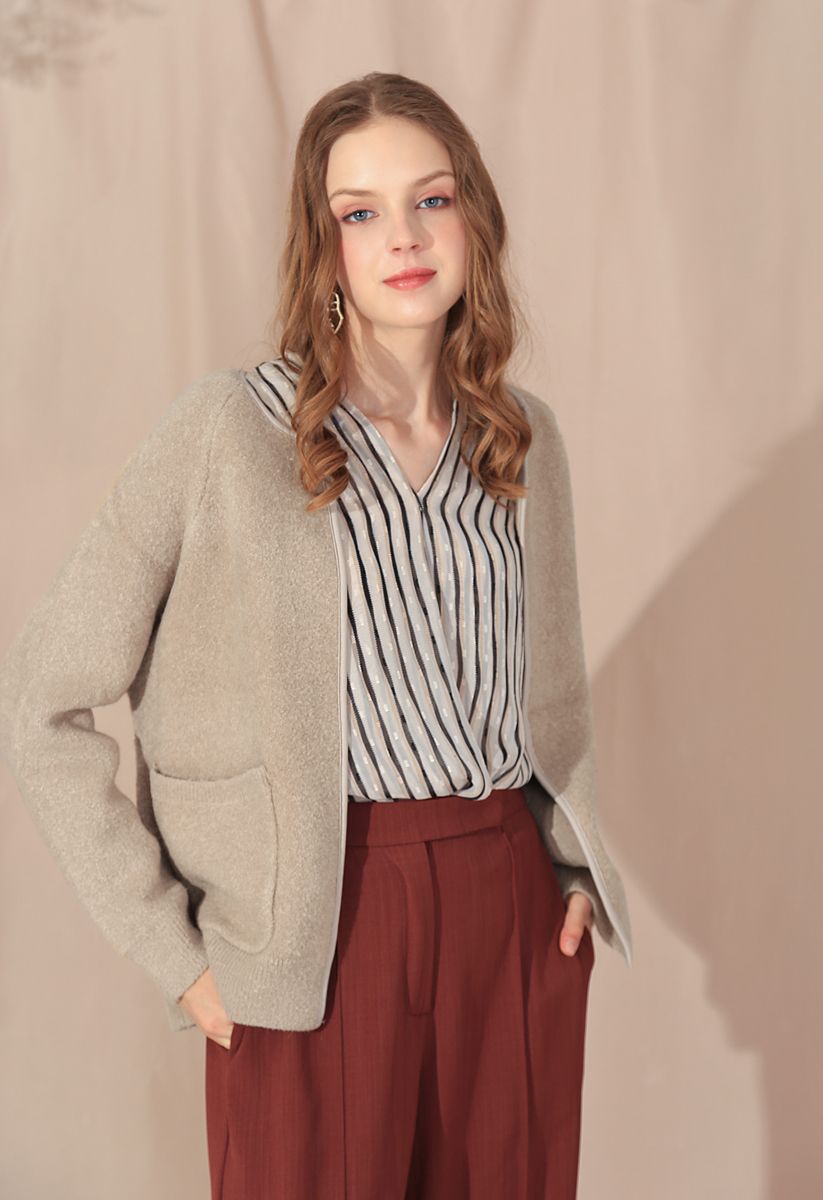 Pockets Open Front Cardigan in Tan