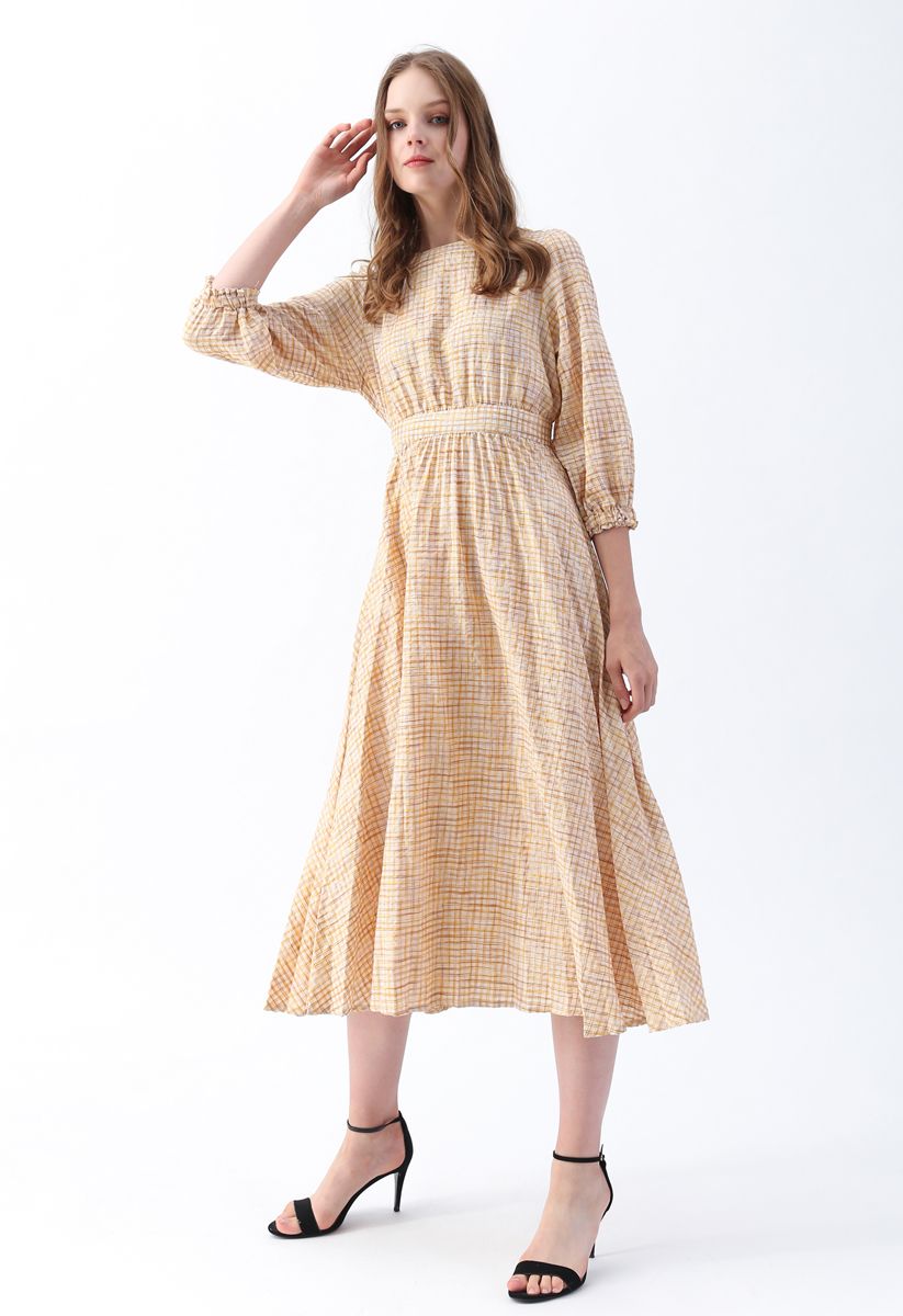 Gingham Pattern Belted Midi Dress in Mustard - Retro, Indie and Unique ...