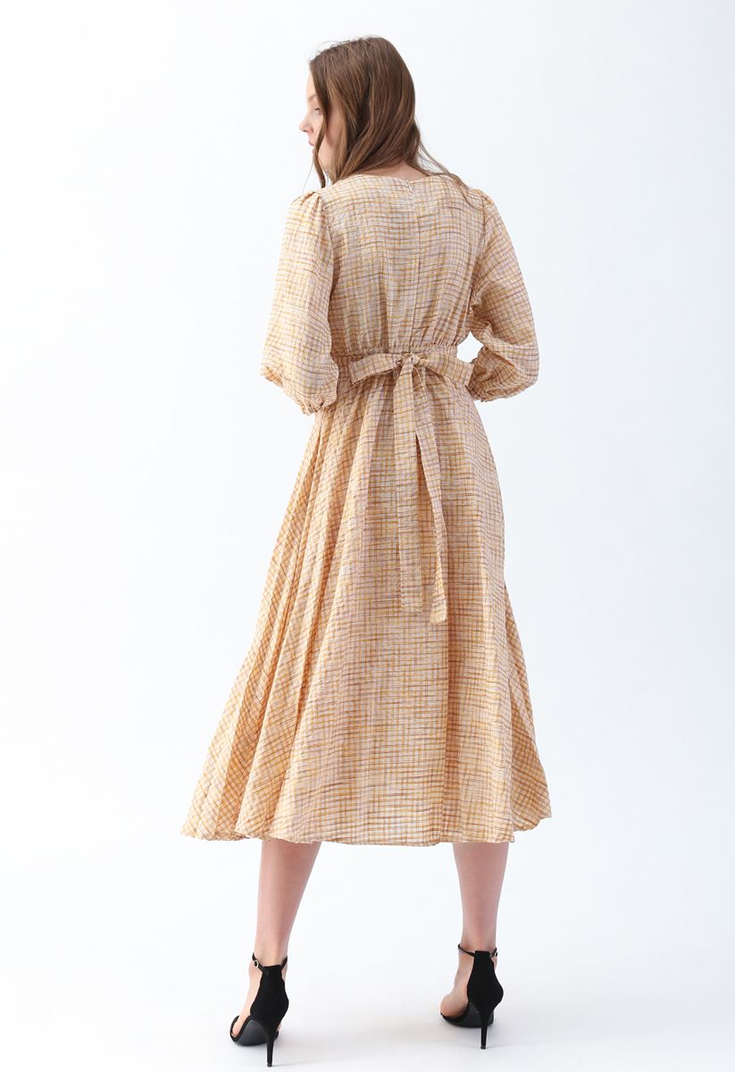 Gingham Pattern Belted Midi Dress in Mustard - Retro, Indie and Unique ...