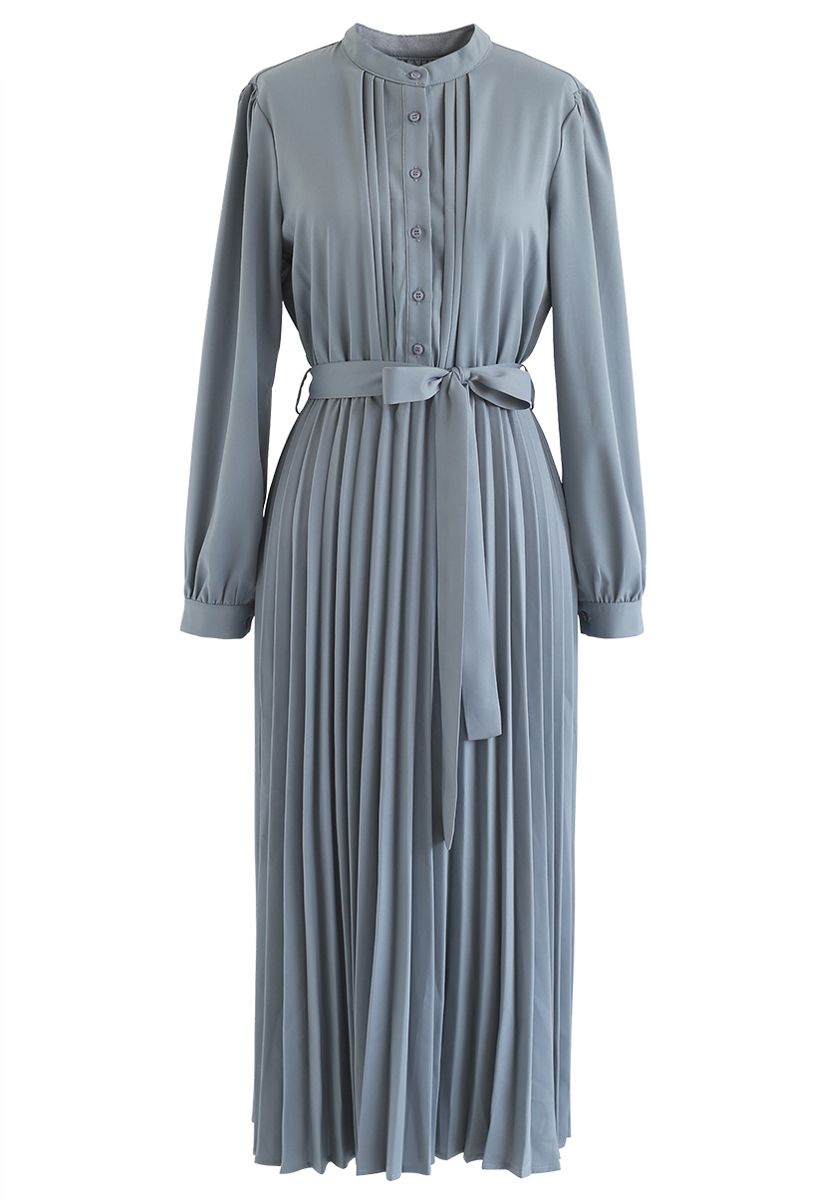 Self-Tied Bowknot Pleated Midi Dress in Dusty Blue - Retro, Indie and ...