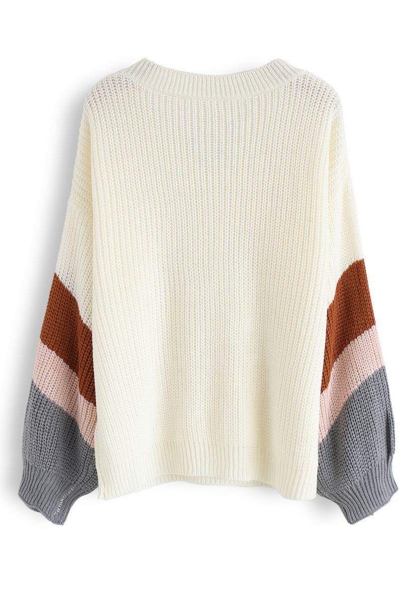 Color Blocked High Neck Hand-Knit Chunky Sweater in Smoke