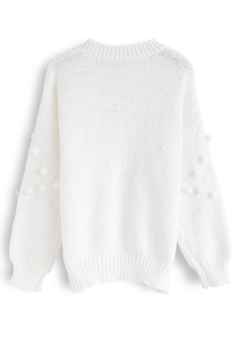 Pom-Pom Trim Chunky Knit Sweater in White - Retro, Indie and Unique Fashion