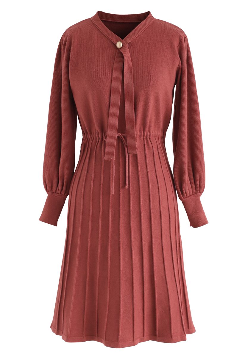 Puff Sleeves Drawstring Pleated Knit Midi Dress in Red - Retro, Indie ...