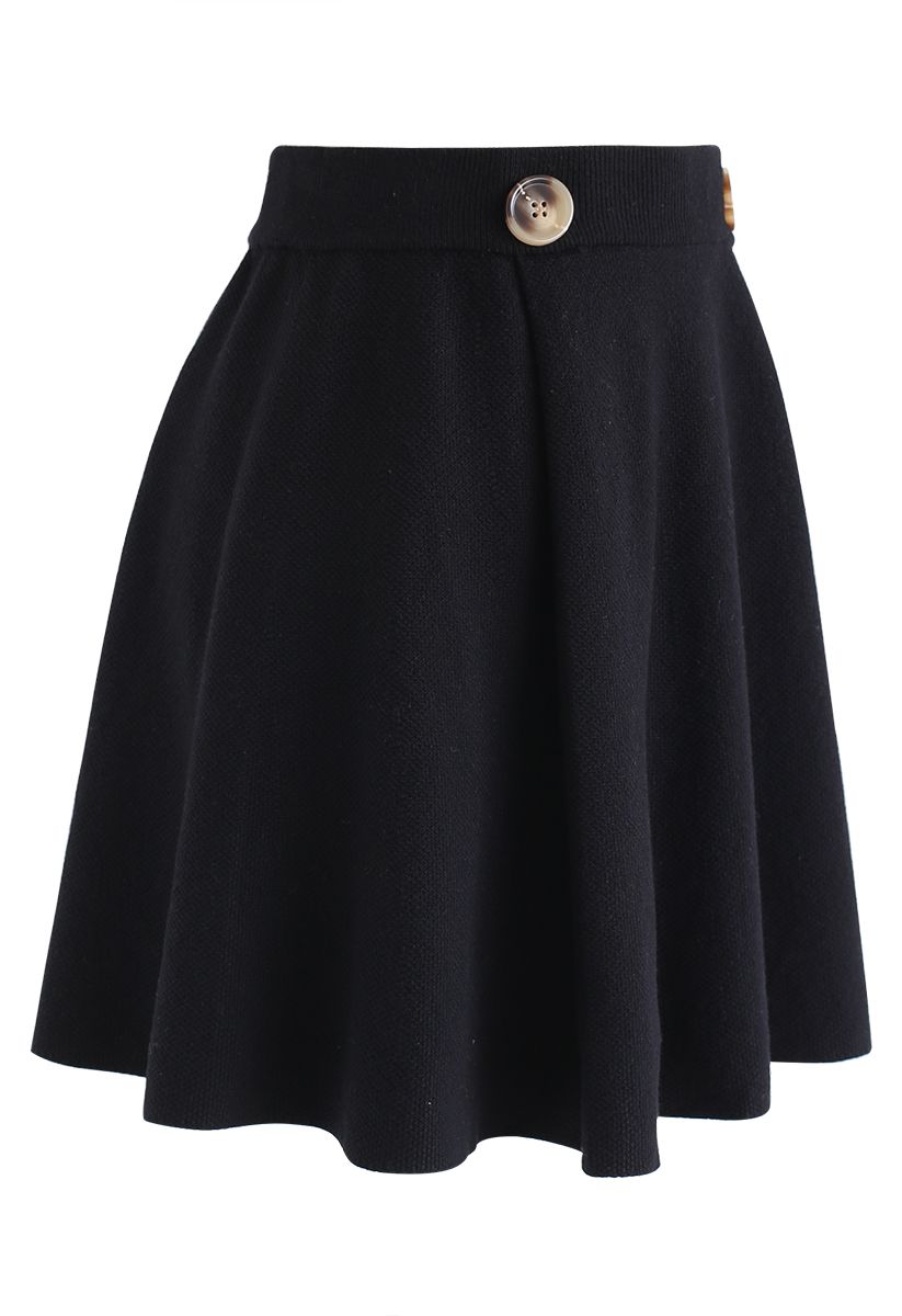 Buttoned Trim Textured Knit Mini Skirt in Black - Retro, Indie and ...