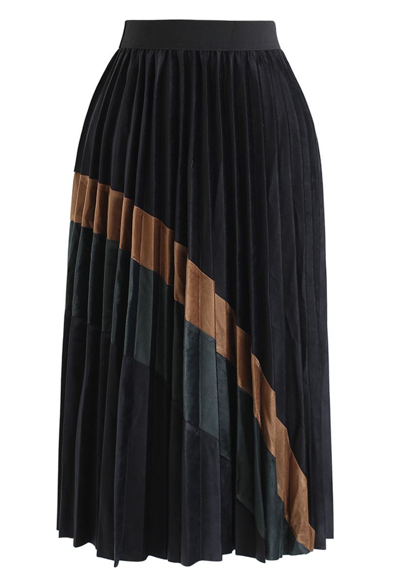 Bronze and Emerald Color Splicing Velvet Pleated Skirt