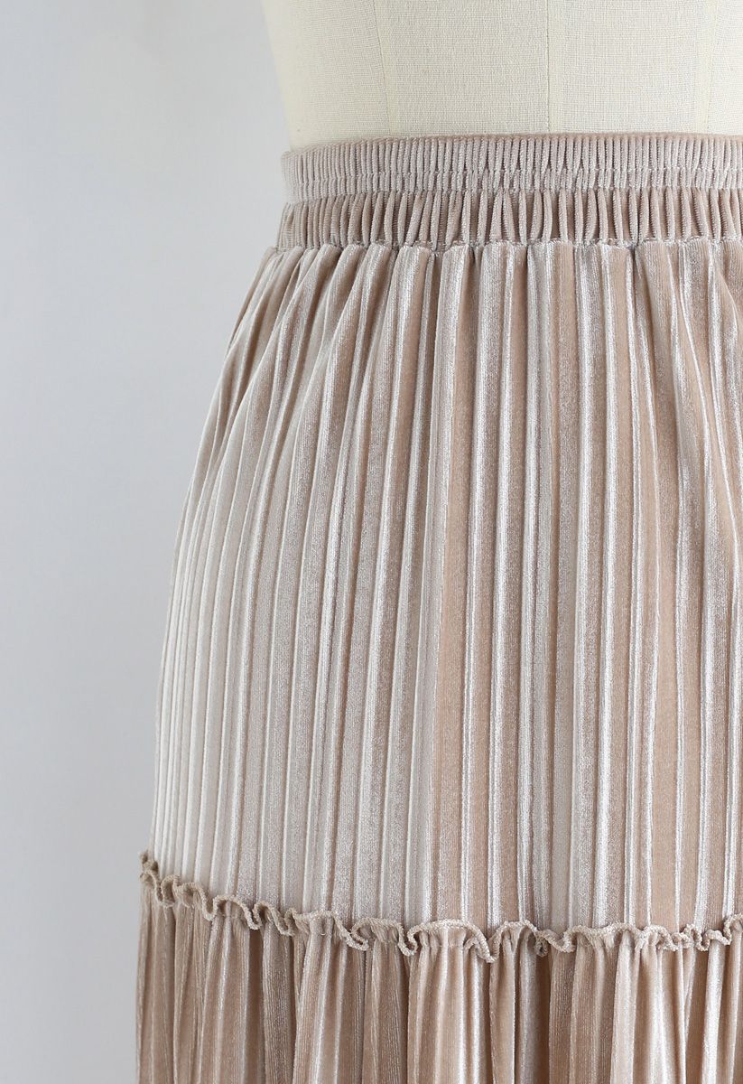 Full Pleated A-Line Velvet Skirt in Cream