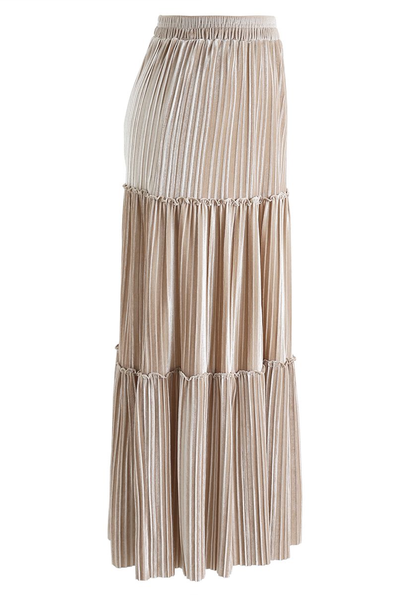 Full Pleated A-Line Velvet Skirt in Cream