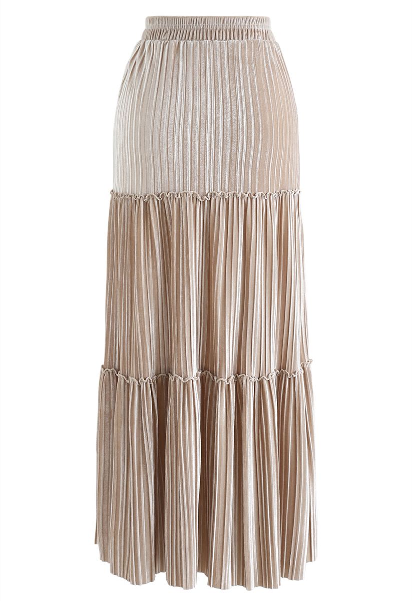 Full Pleated A-Line Velvet Skirt in Cream - Retro, Indie and Unique Fashion