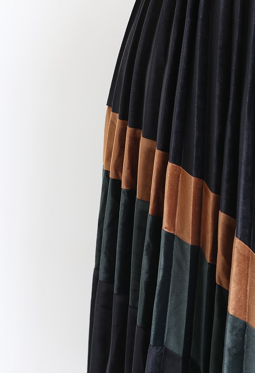 Bronze and Emerald Color Splicing Velvet Pleated Skirt