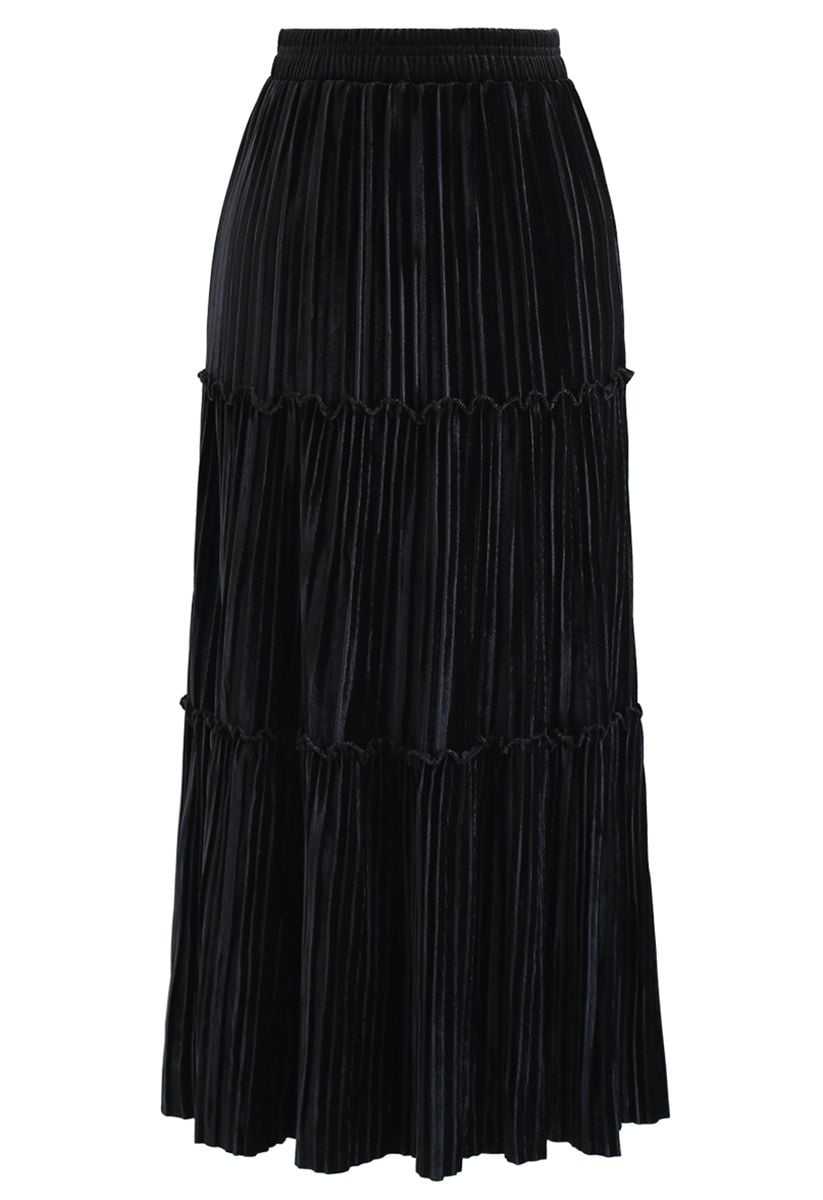 Full Pleated A-Line Velvet Skirt in Black