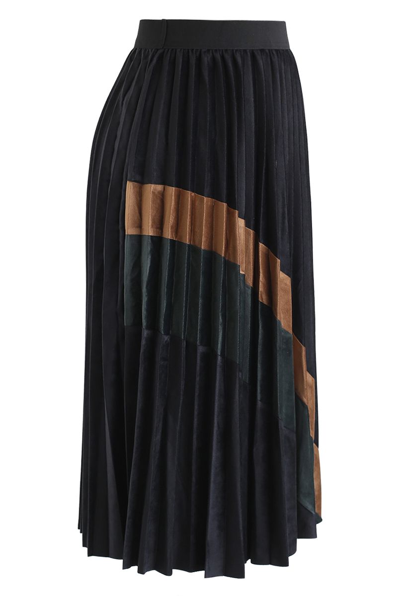 Bronze and Emerald Color Splicing Velvet Pleated Skirt