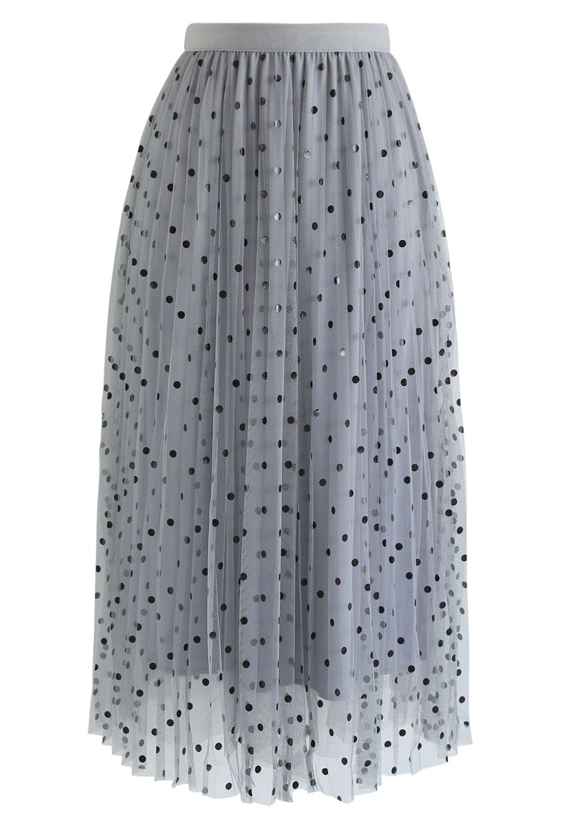 Polka Dot Double-Layered Mesh Tulle Skirt in Dusty Blue - Retro, Indie ...