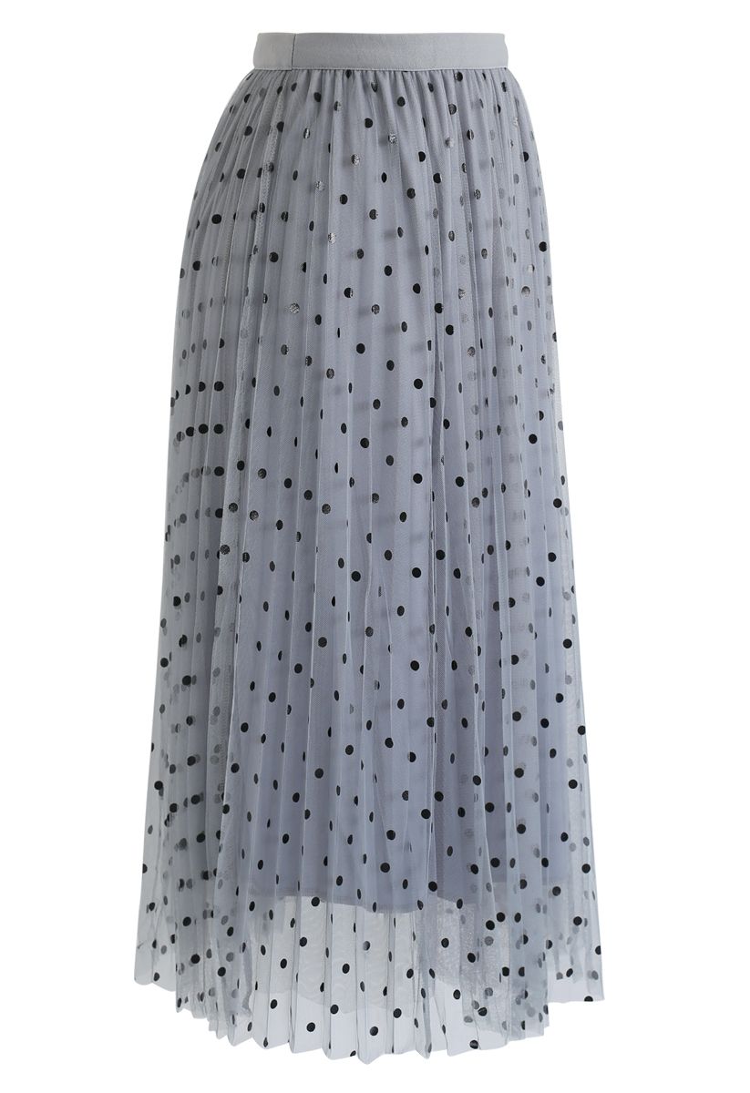Polka Dot Double-Layered Mesh Tulle Skirt in Dusty Blue - Retro, Indie ...