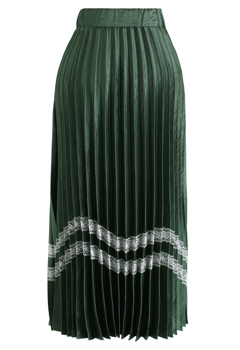 Lace Trimmed Satin Pleated Midi Skirt in Emerald - Retro, Indie and ...