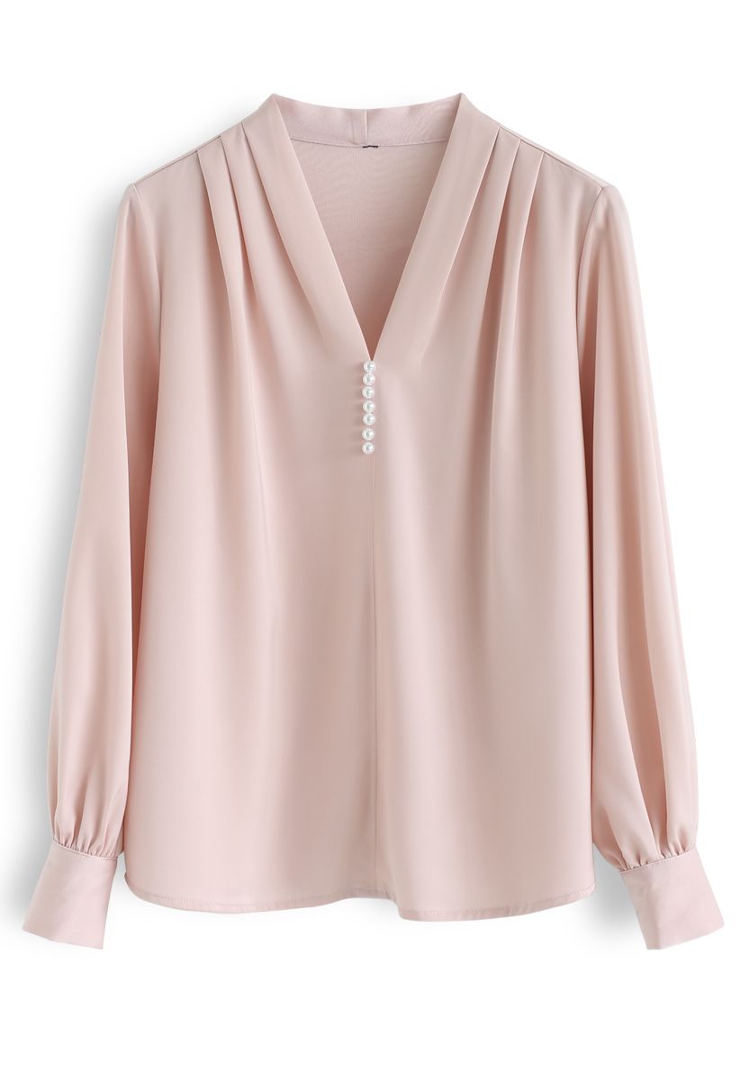 Pearls Trim Satin V-Neck Top in Pink - Retro, Indie and Unique Fashion