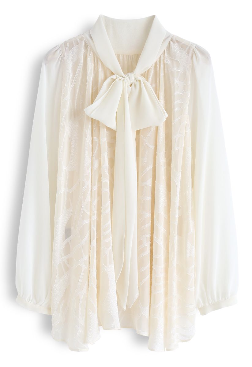 Bowknot Neck Semi-Sheer Chiffon Top in Cream - Retro, Indie and Unique ...