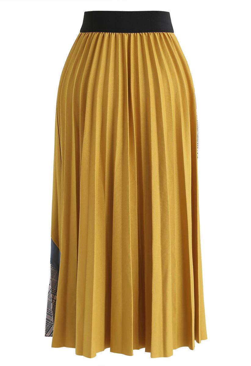 Plaid Splicing Pleated Midi Skirt in Mustard - Retro, Indie and Unique ...