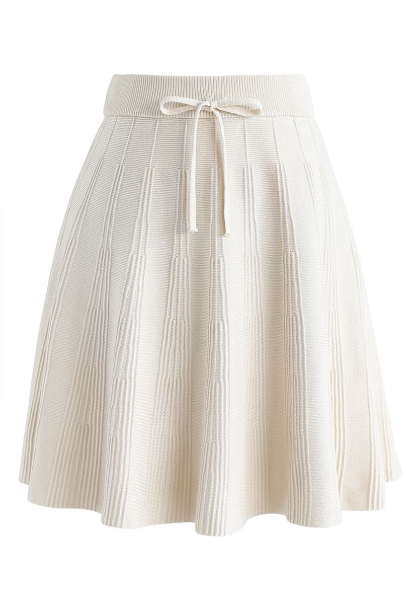 Bowknot Waist Radiant Lines Knit A-Line Skirt in Cream