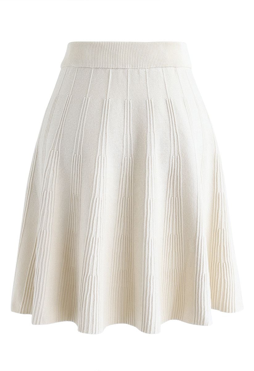 Bowknot Waist Radiant Lines Knit A-Line Skirt in Cream