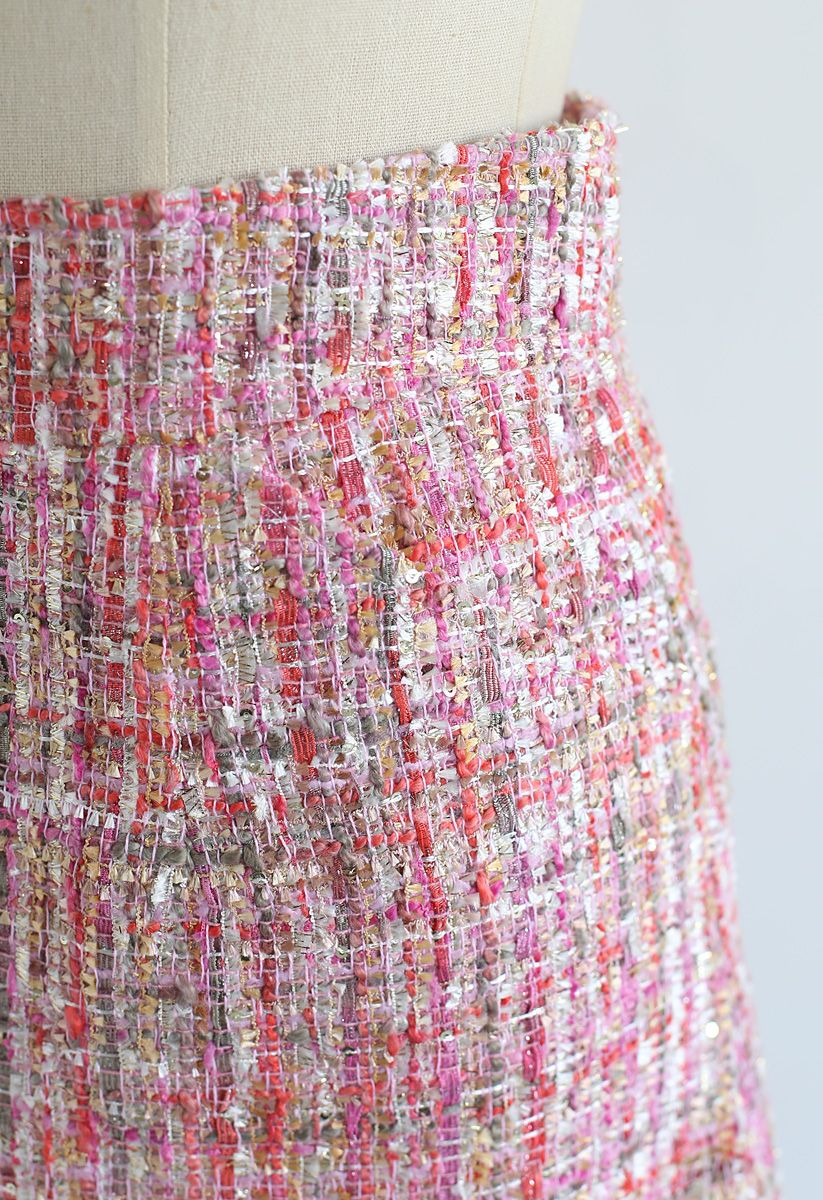 Sequins Tweed Bud Mini Skirt in Pink