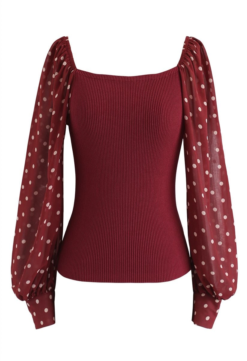 Polka Dots Bubble-Sleeve Knit Top in Red