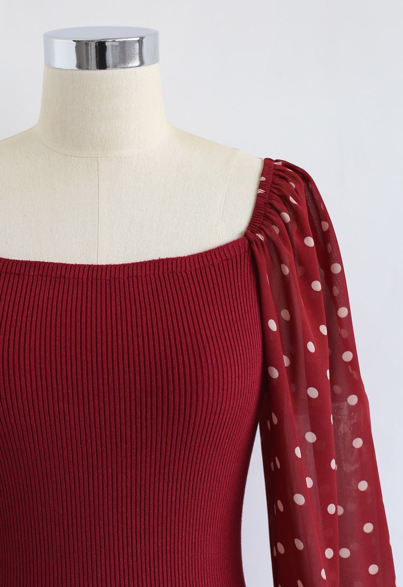 Polka Dots Bubble-Sleeve Knit Top in Red