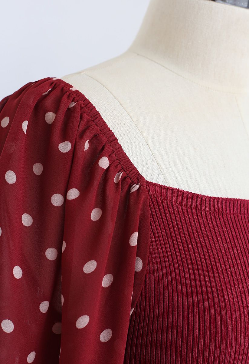 Polka Dots Bubble-Sleeve Knit Top in Red