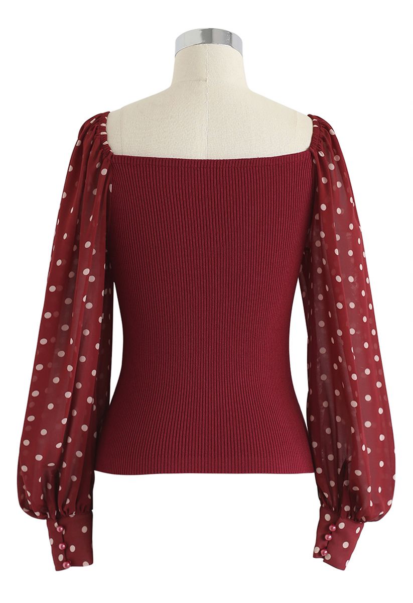 Polka Dots Bubble-Sleeve Knit Top in Red