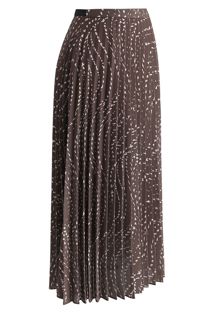 Wavy Spotted Pleated Midi Skirt in Brown