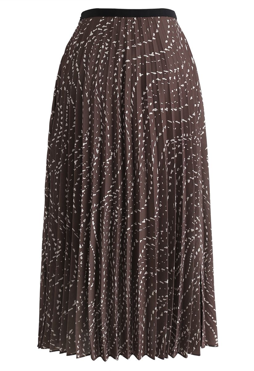 Wavy Spotted Pleated Midi Skirt in Brown