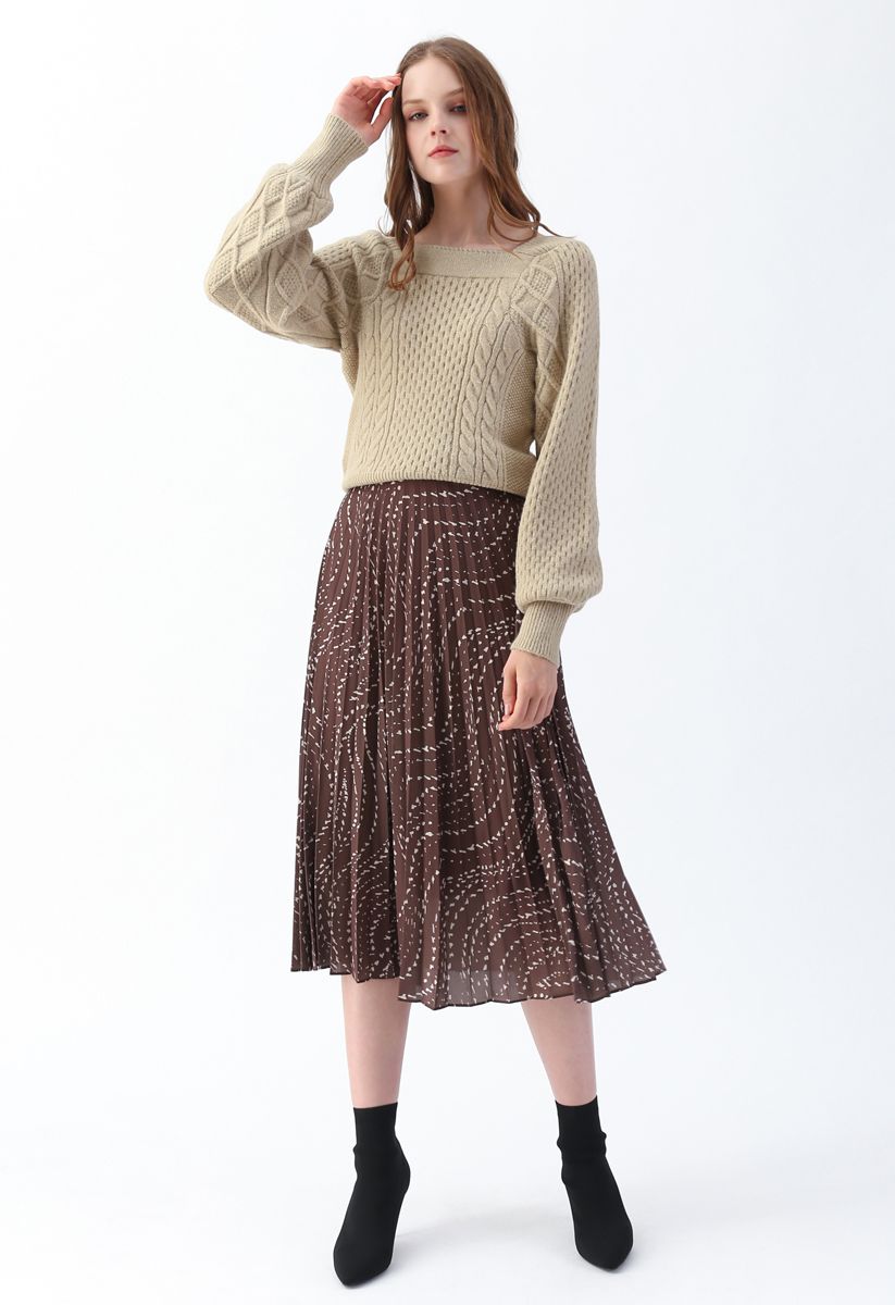 Wavy Spotted Pleated Midi Skirt in Brown - Retro, Indie and Unique Fashion