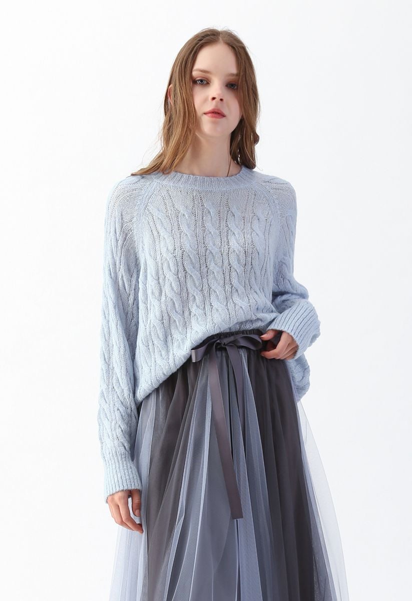 Round Neck Cable Knit Fluffy Sweater in Baby Blue