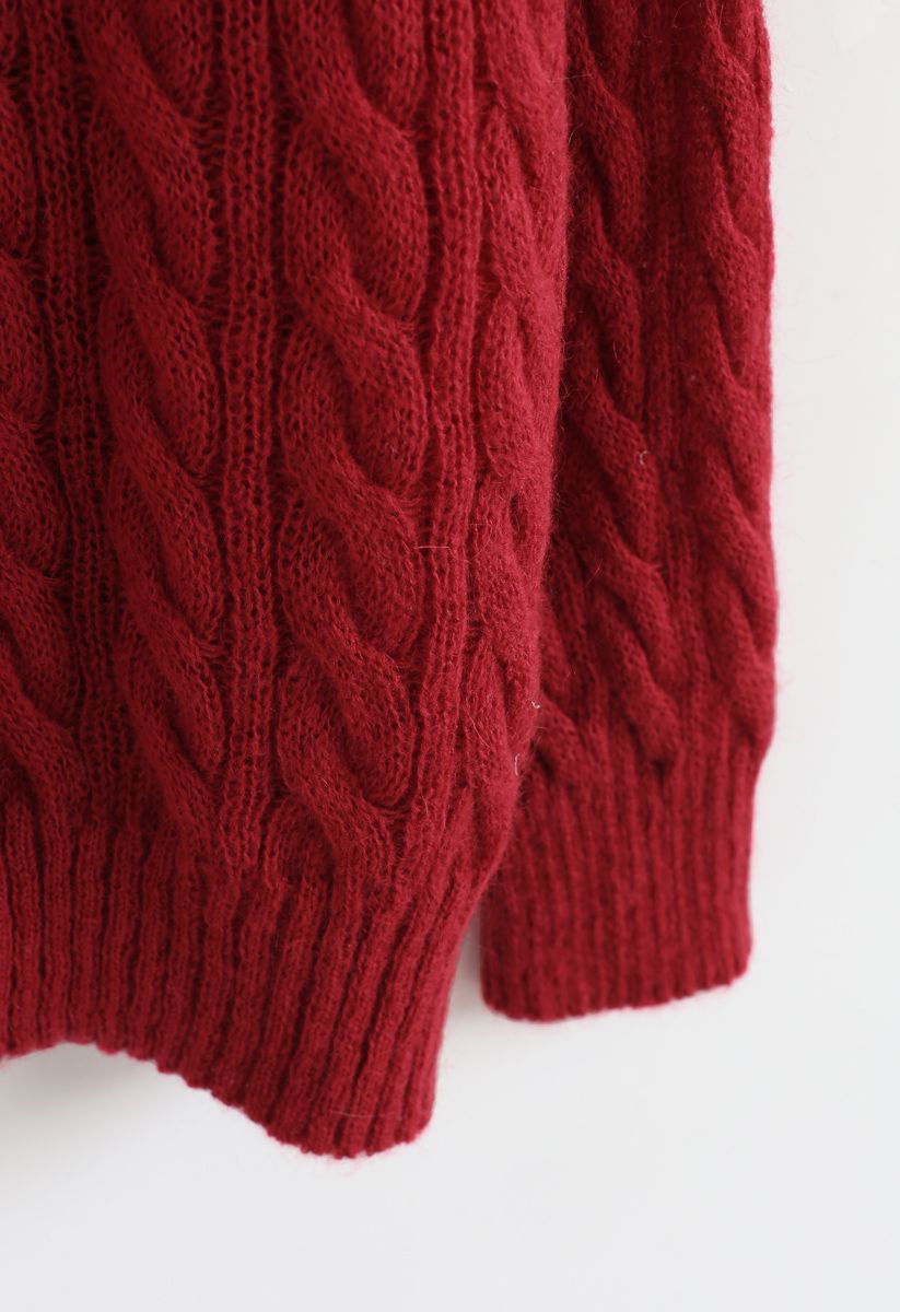 Round Neck Cable Knit Fluffy Sweater in Red - Retro, Indie and Unique ...