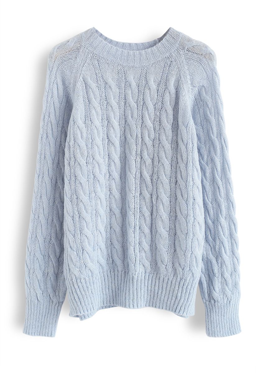 Round Neck Cable Knit Fluffy Sweater in Baby Blue - Retro, Indie and ...