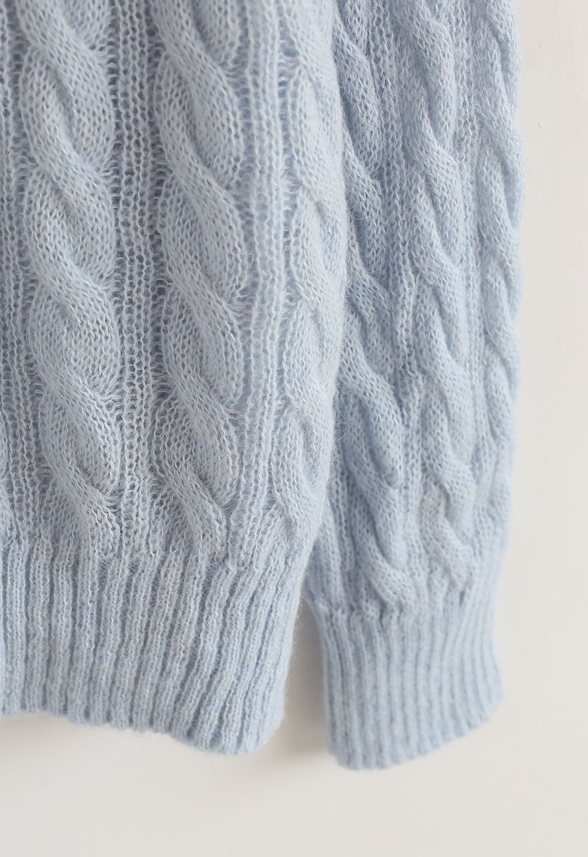 Round Neck Cable Knit Fluffy Sweater in Baby Blue