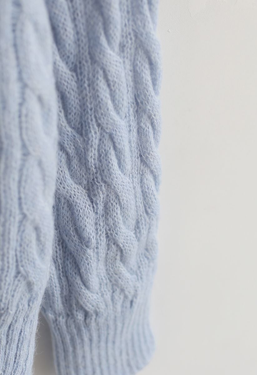 Round Neck Cable Knit Fluffy Sweater in Baby Blue