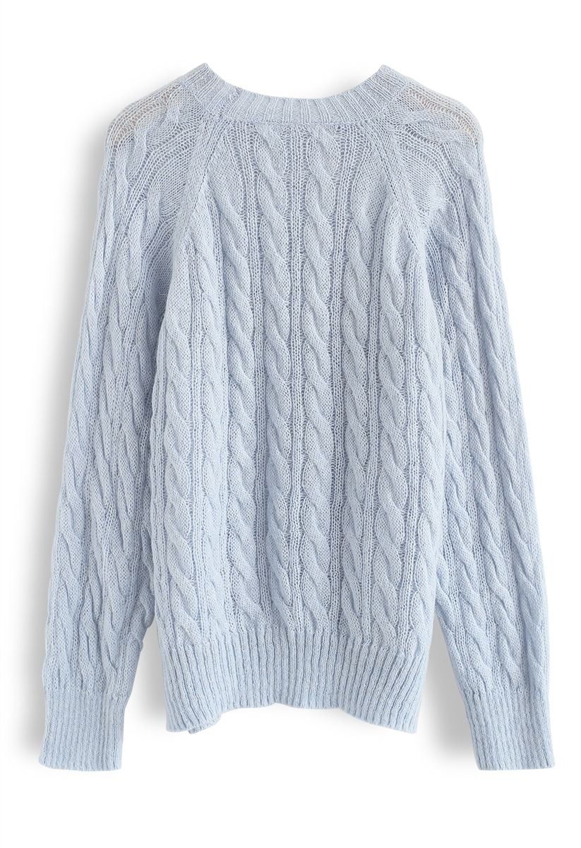 Round Neck Cable Knit Fluffy Sweater in Baby Blue