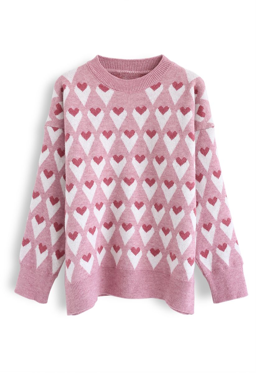 Heart Print Round Neck Sweater in Pink - Retro, Indie and Unique Fashion