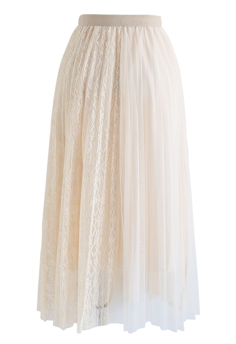 Lace Splicing Tulle Mesh Skirt in Cream - Retro, Indie and Unique Fashion